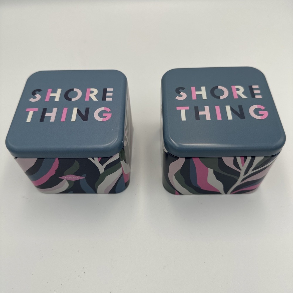 Fossil Watch Metal Tin Empty Box "Shore Thing" - Lot Of 2 Teal Pink Gray Storage